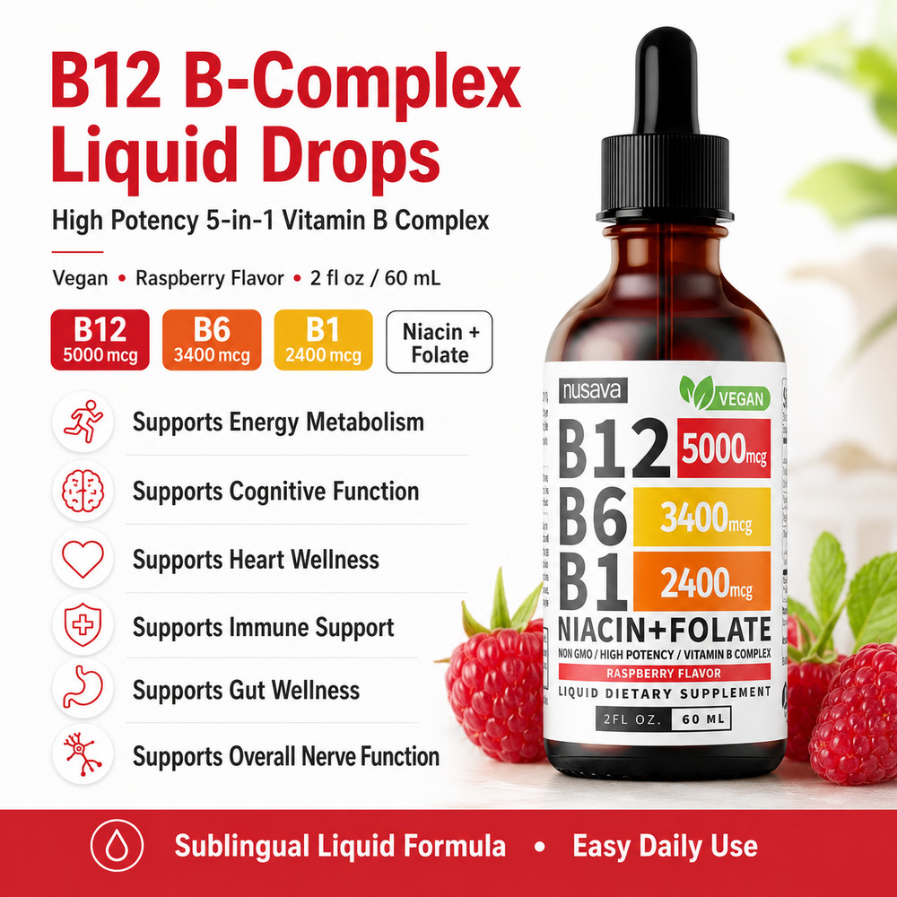 B12 B Complex Liquid Drops 5000mcg Sublingual Raspberry Vegan 2 fl oz