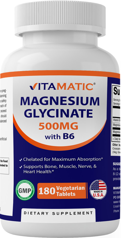 Vitamatic Magnesium Glycinate 500mg per Tablet – 180 Vegetarian Tablets