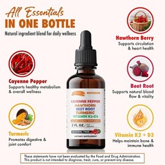Cayenne Pepper Drops Hawthorn Beet Root Turmeric Vitamin K2 D3 Liquid Supplement