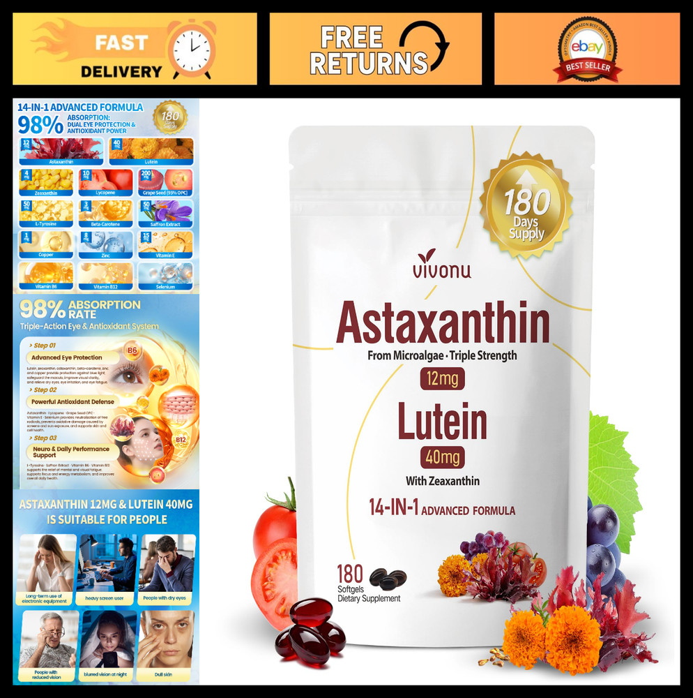 14-in-1 Astaxanthin & Lutein 12mg, Zeaxanthin Softgels – 6 Month Supply, Eye & S