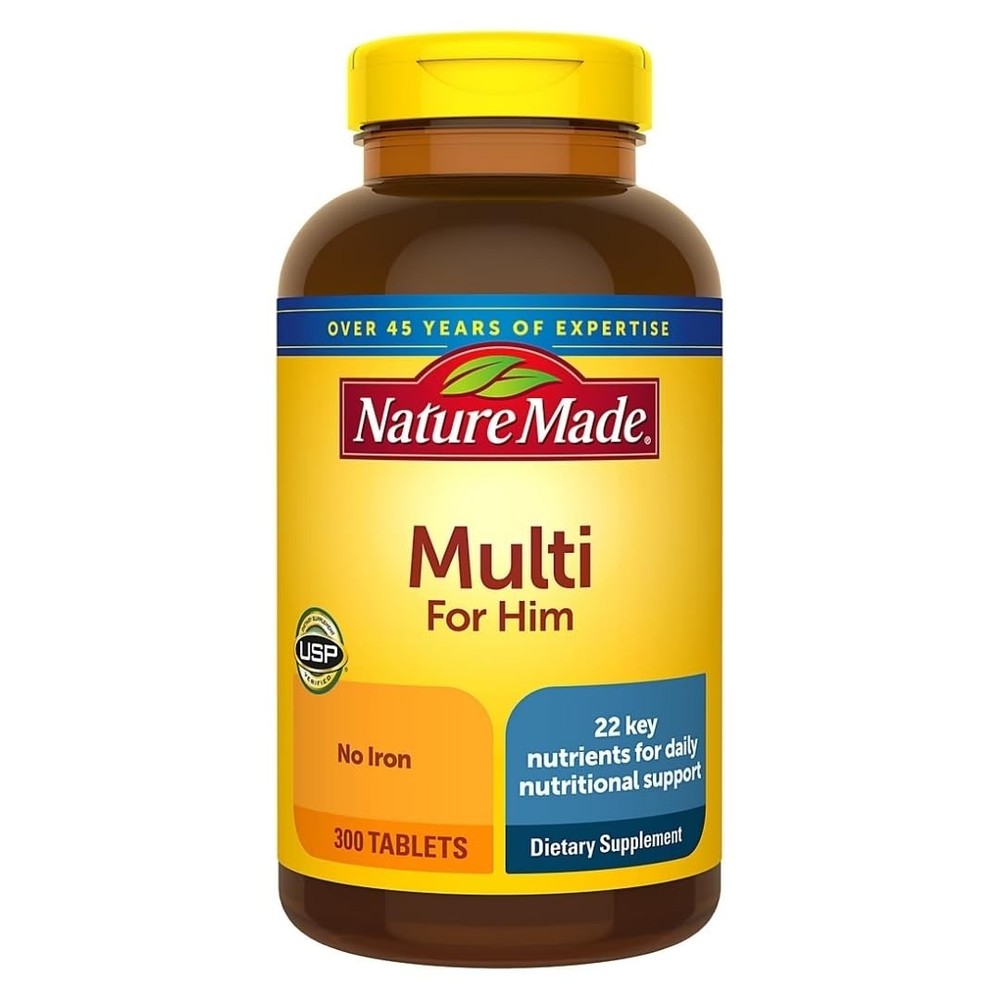 Nature Made Multivitamin For Him with No Iron, 300 Count (Pack of 1), Yellow
