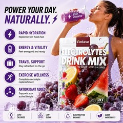 Electrolytes Powder Hydration Packets Sugar Free Recovery Electrolyte Drink 20ct
