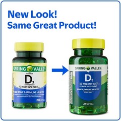 (2 pack) Spring Valley Vitamin D3 Softgels,10 mcg (400 IU), 200 Count, Supplemen