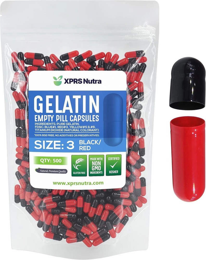 Size 3 Black & Red Empty Gelatin Pill Capsules Kosher Gel Gelcaps Made in USA