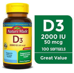 Nature Made Vitamin D3 2000 IU (50 mcg) 100 Softgels Gluten Free Immune