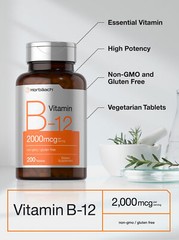 B12 Vitamin 2000mcg | 200 Vegetarian Tablets | Non-GMO | by Horbaach