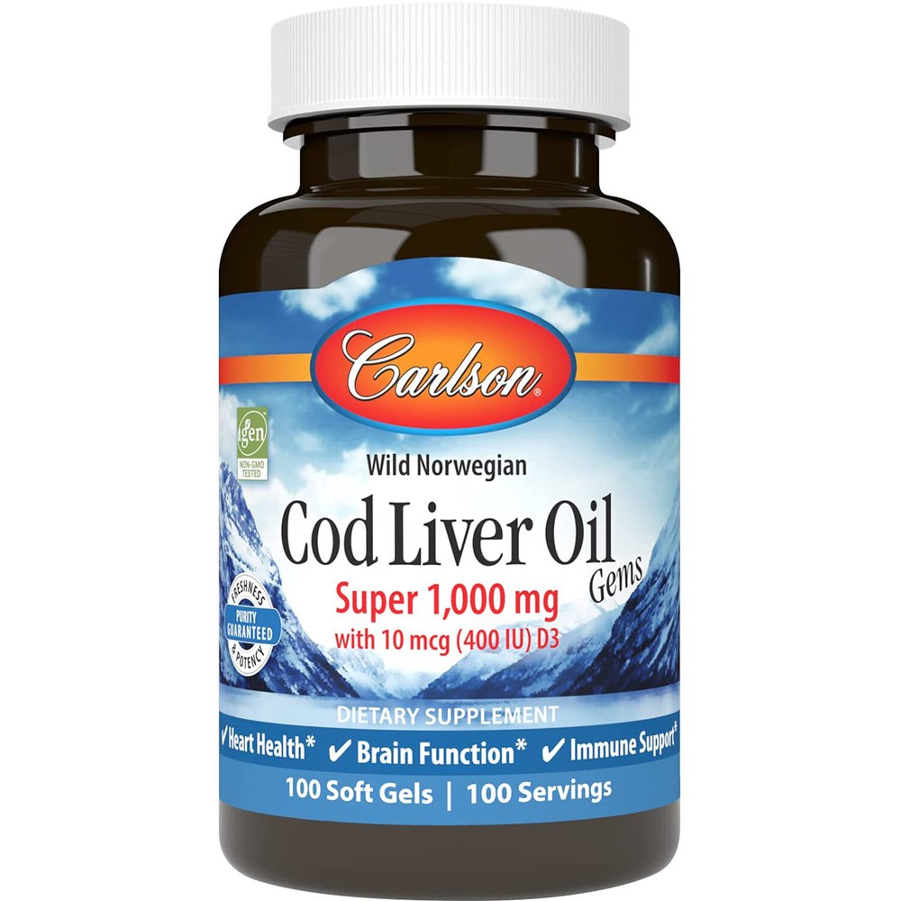 Carlson Labs Cod Liver Oil Super 1000mg Gems, 100 Soft Gels
