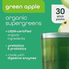 Organic Super Greens Powder with 70+ Superfoods & 0 Sugar – Green Apple, 30 Pack