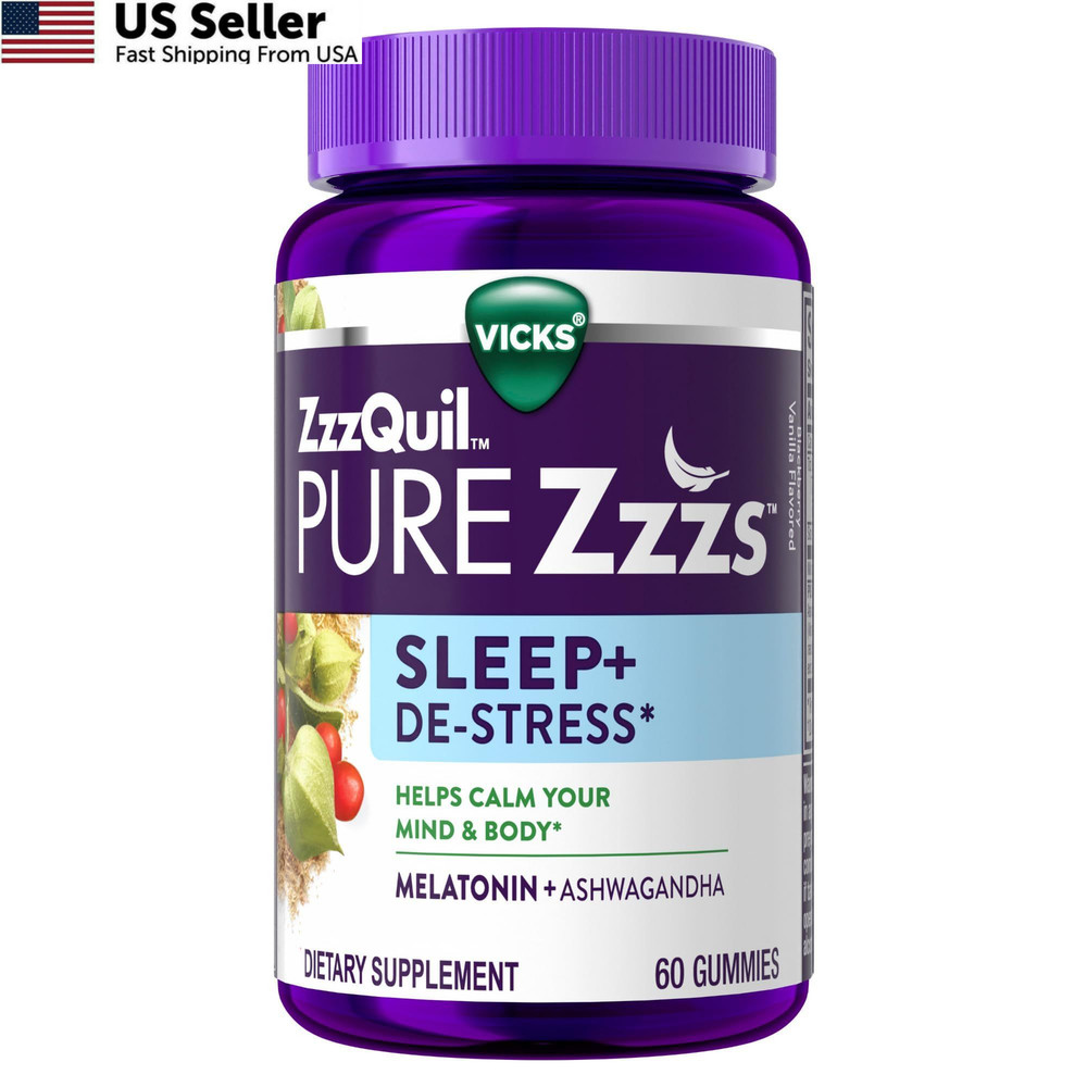 VICKS PURE Zzzs De-Stress 2mg Melatonin Gummies Ashwagandha Stress Support 60ct