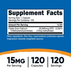 Nutricost L-Methylfolate 15mg, 120 Capsules (5-MTHF) – Vegan, Non-GMO