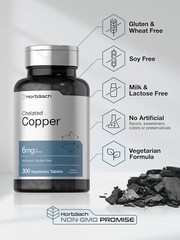 Chelated Copper Supplement 6mg, 300 Tablets, Non-Gmo & Gluten Free, by Horbaach