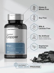 Chelated Copper Supplement 6mg, 300 Tablets, Non-Gmo & Gluten Free, by Horbaach