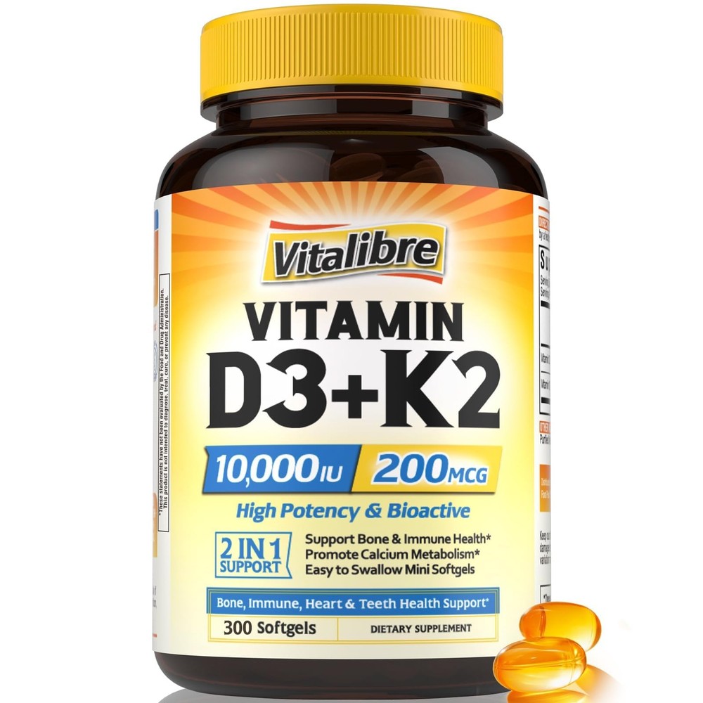 Vitalibre Vitamin D3 K2 Supplement, 10000 IU / 200 300 Count (Pack of 1)