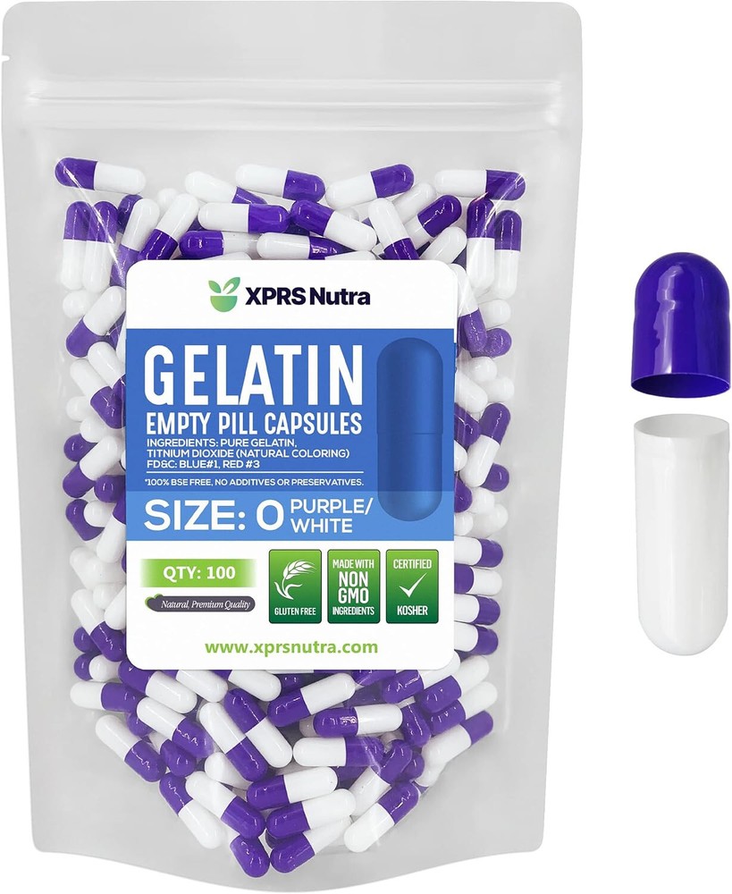 Size 0 Purple/White Empty Gelatin Capsules Gelcaps Pills Kosher Caps