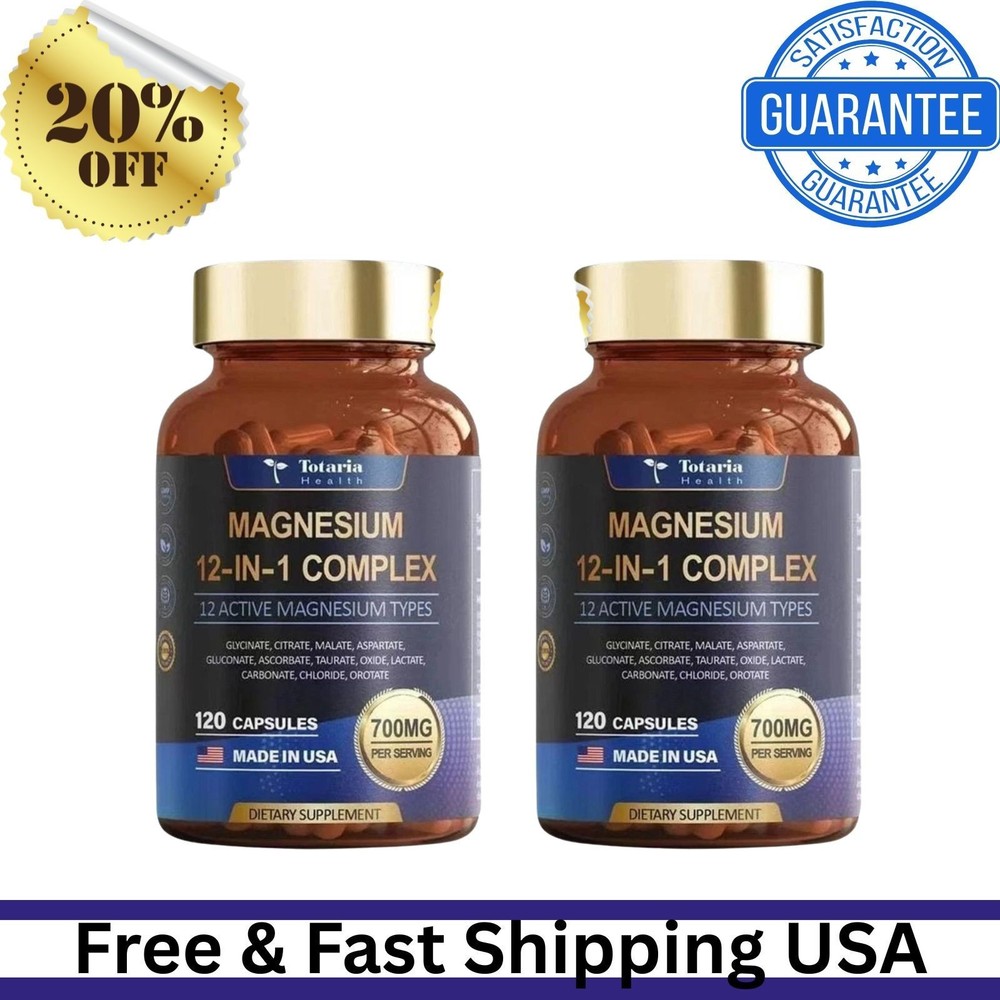 Magnesium 12 in 1 Complex 700mg – Dietary Supplement 120 Capsules, 2-piece Set