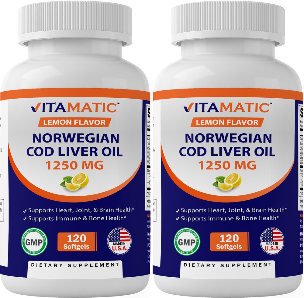 2 Pack – Vitamatic Norwegian Cod Liver Oil 1250mg 240 Softgels (Lemon Flavor)