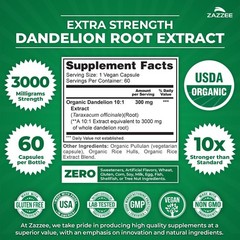Zazzee USDA Organic Dandelion Root 10:1 Extract, 3000 mg Strength, 60 Capsules