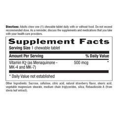 Vegan K2 500 mcg Chewable Tablets – 60 Count, Strawberry Flavor, Gluten-Free, Bo
