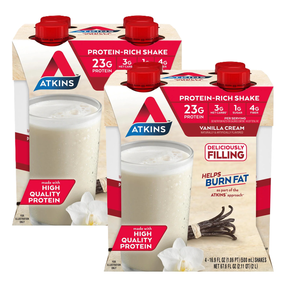 2-Pack Atkins Meal Size Protein-Rich Shake, Vanilla Cream, Keto Friendly 8 Count