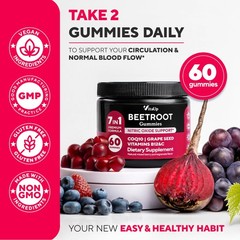 Beet Root Gummies – Beetroot Supplement with CoQ10, Grape Seed, Vitamin C, B1…