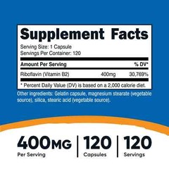 Nutricost Vitamin B2 (Riboflavin) 400mg, 120 Capsules GF – EXP 12/2026
