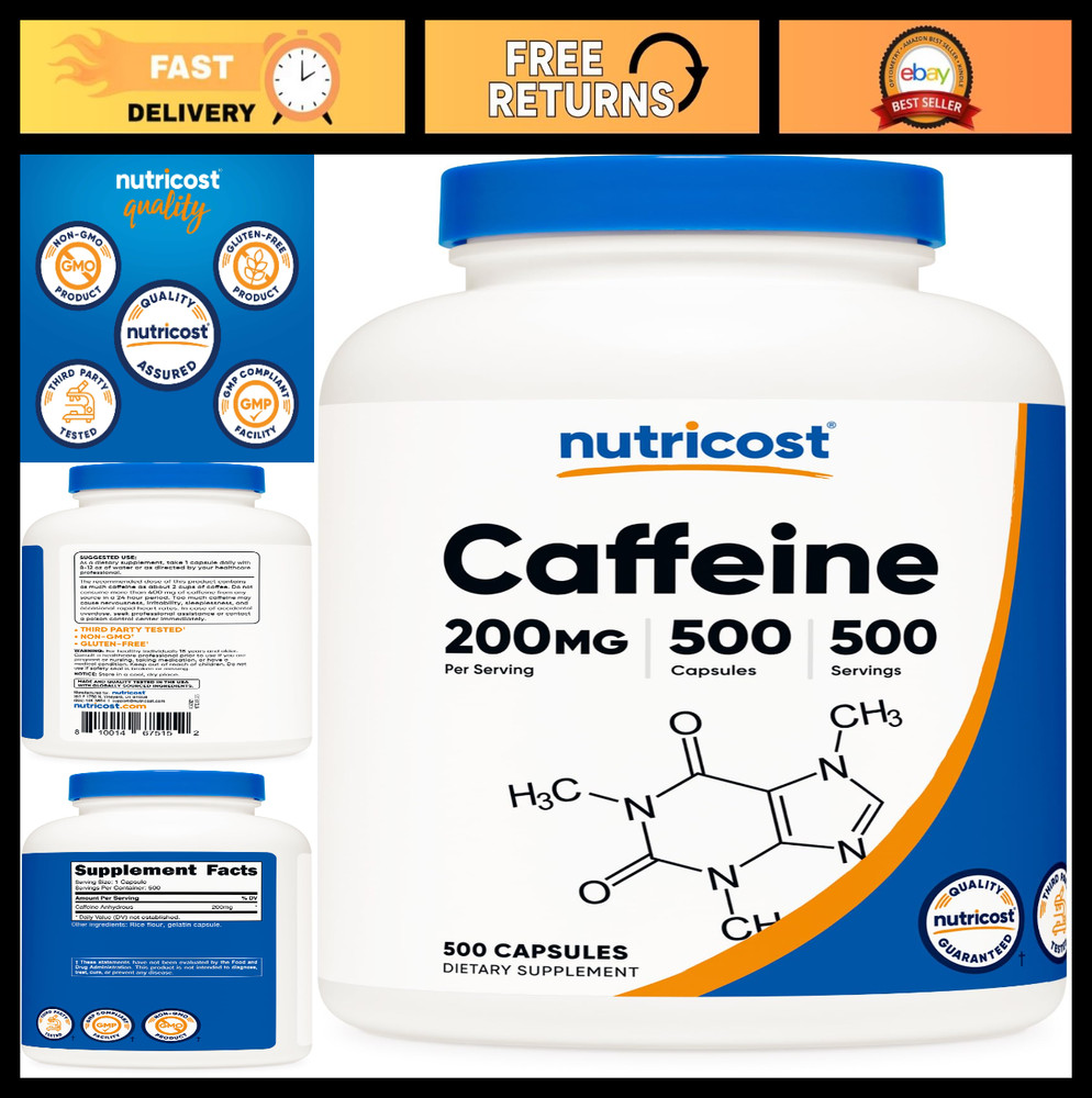 Caffeine Pills 200mg – Energy Boosting Supplement, 500 Capsules for Focus & Aler