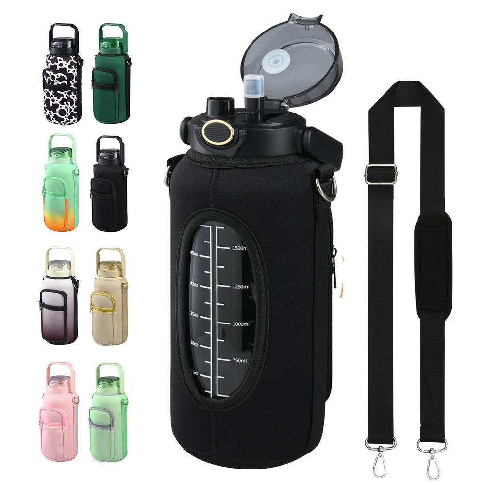 chunmo Half Gallon 64oz Glass Water Bottle with Straw and 64 Ounces, Black