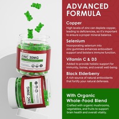 Zinc Gummies + Copper, Selenium, Vitamin C & D3, 60 Count (Pack of 1)