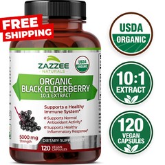 USDA Organic Black Elderberry 10:1 Extract, 5000 mg Strength, 120 Vegan Capsules
