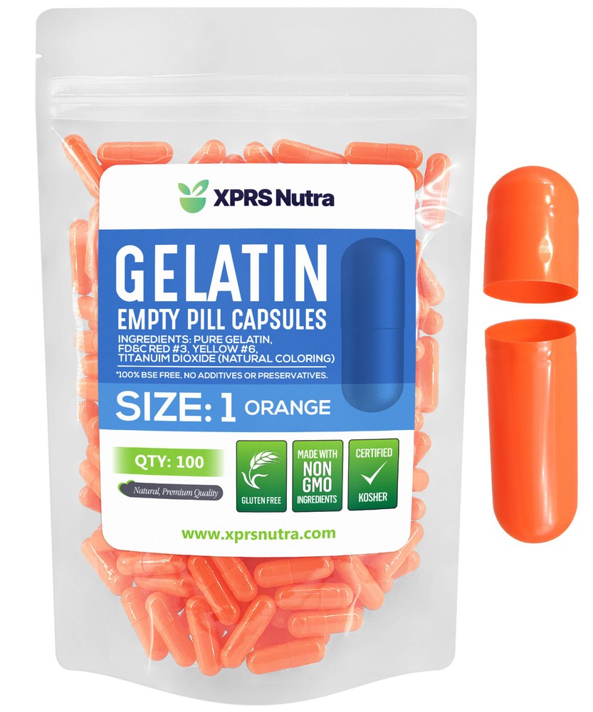 Size 1 Orange Empty Gelatin Capsules Gelcaps Kosher Pills Caps