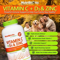 NutriBiotic – Vitamin C + D3 & Zinc, 250 250 Count (Pack of 1), Red
