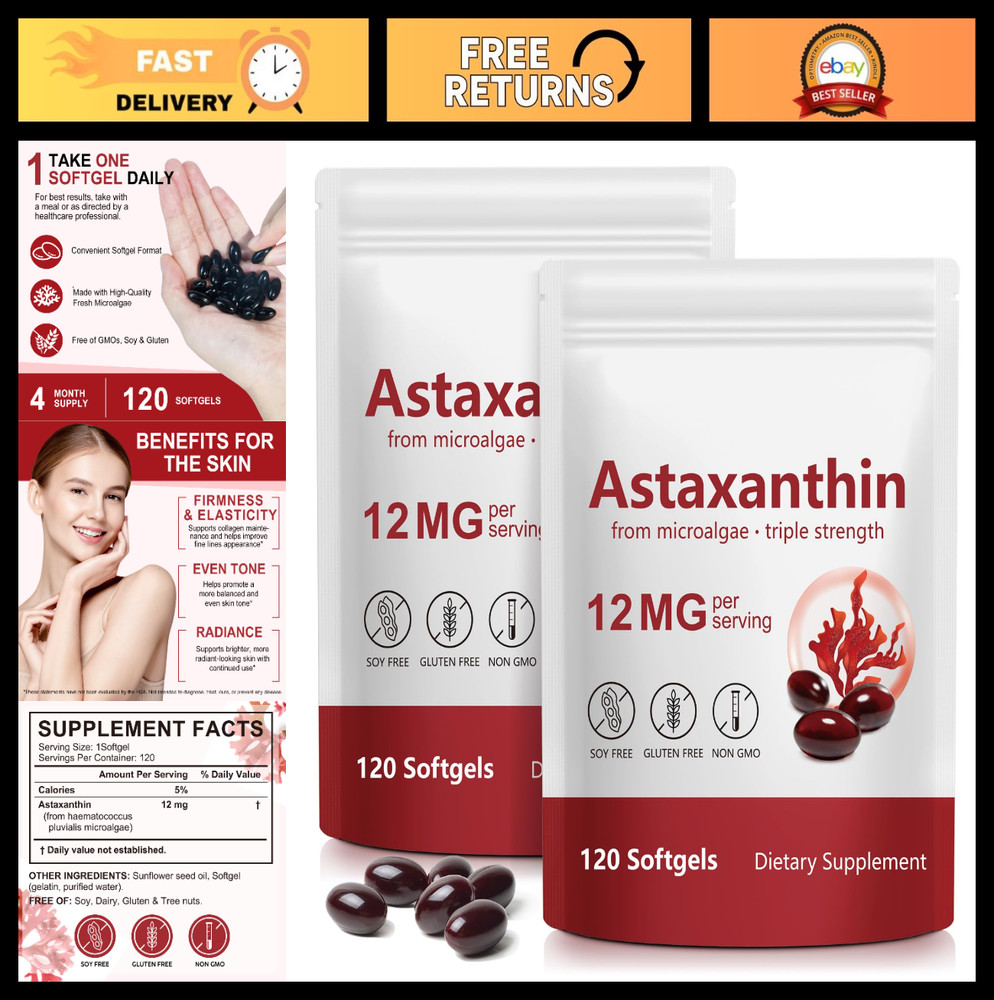 Astaxanthin 12mg Softgels – 240 Count, Antioxidant for Eye, Joint, Skin Health
