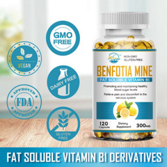 Benfotiamine 300mg Veg Capsules Fat Soluble Thiamine Vit B1 NON-GMO, Gluten Free