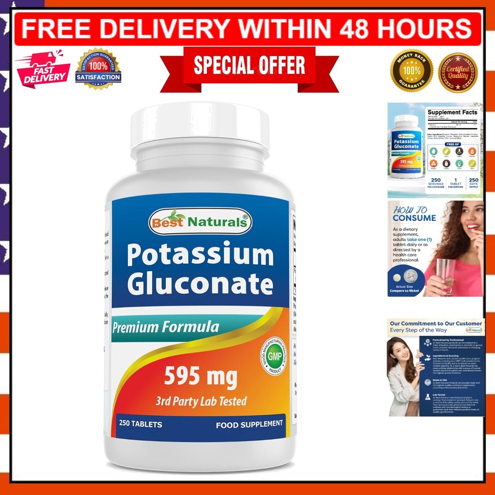 Third-Party Tested 595 Mg Potassium Gluconate Tablets – 250 Count, Made in USA