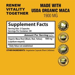 1XMaca Root Capsules 1900mg, Black Yellow Red Maca Extract with Ashwagandha