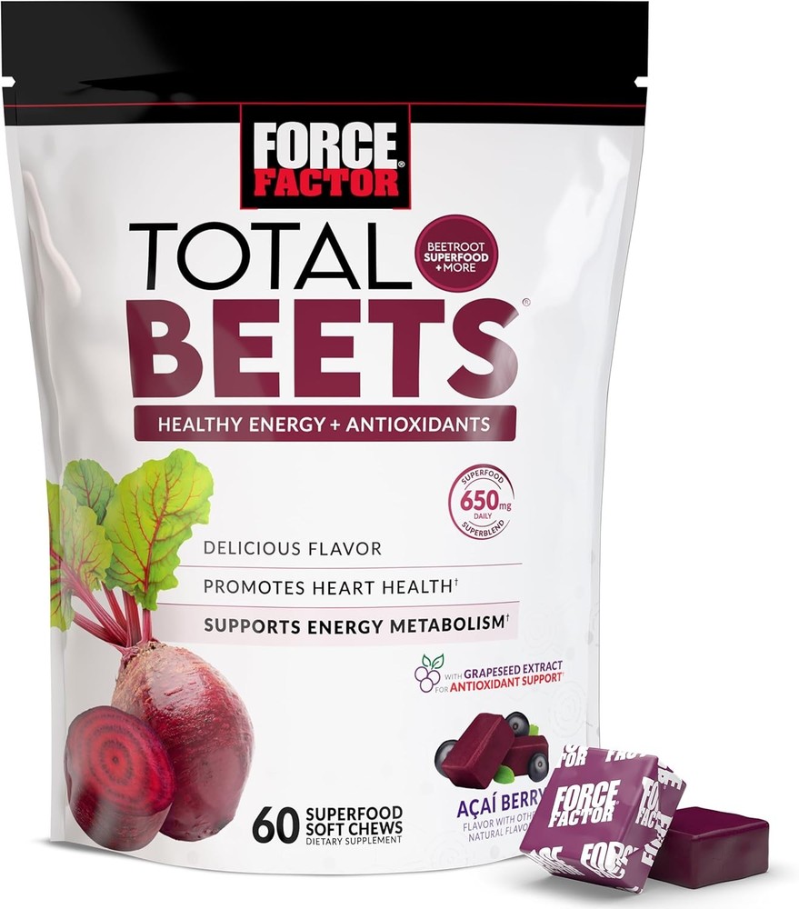 Force Factor Total Beets Soft Chews with Beetroot, 60 Count (Pack of 1)