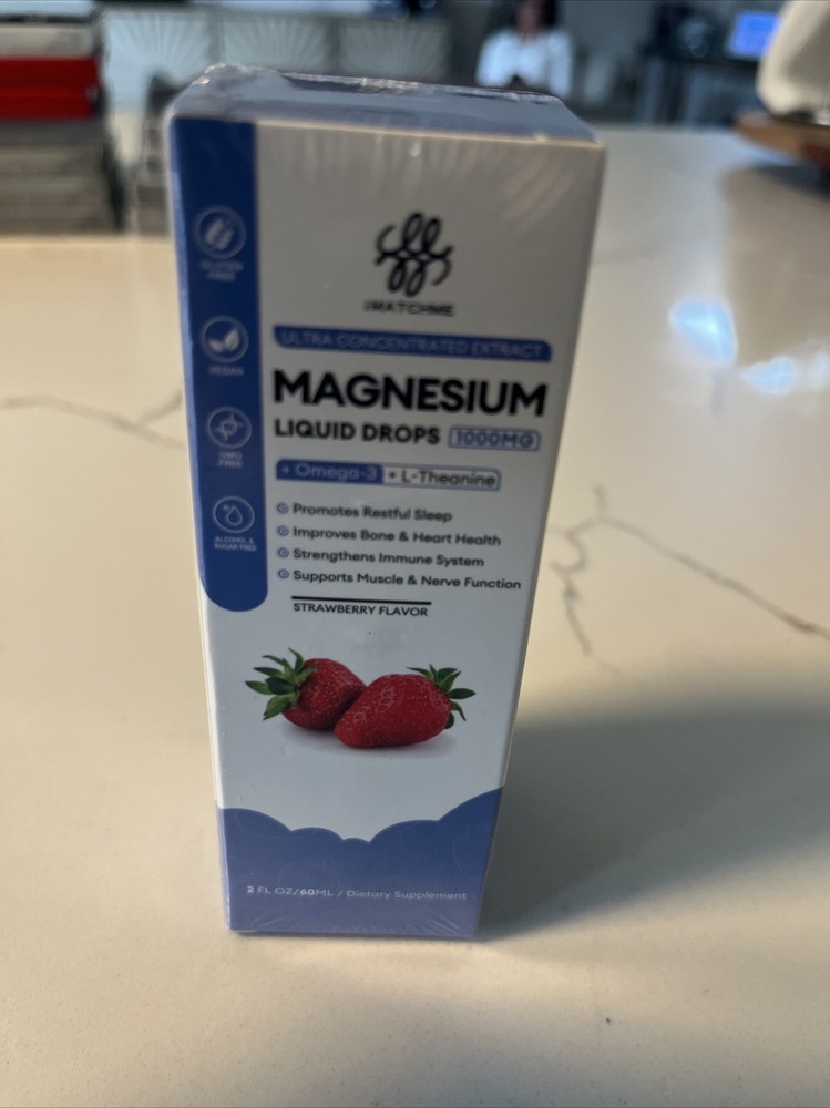 Magnesium + Omega-3 + L-Theanine Liquid Drops Strawberry Flavor 2 oz Exp 11/2025