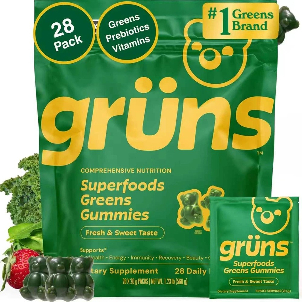 Grüns Adults Super Greens Gummies, Multivitamin Superfood Gummy Bears 28 Packs