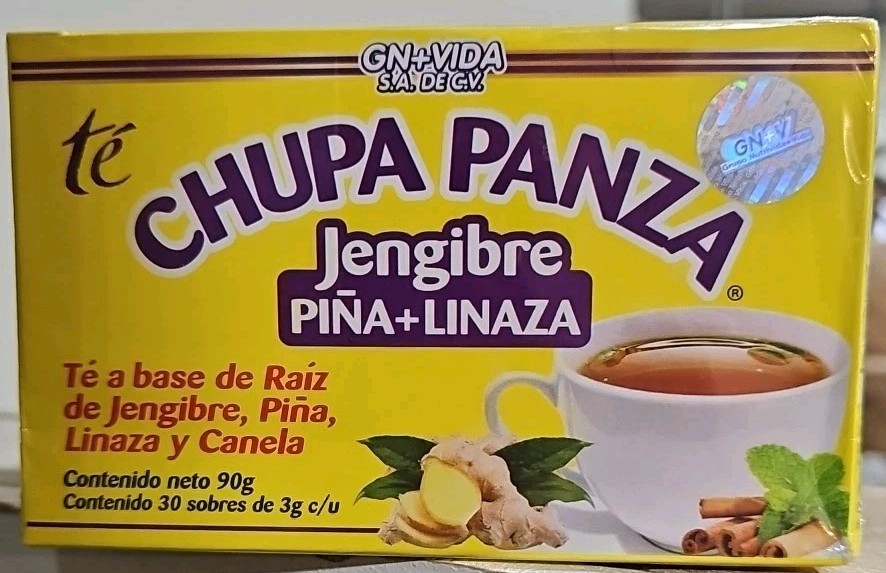 GN+VIDA Chupa Panza Ginger Pineapple Flaxseed Cinnamon Herbal Tea Yellow Box 30