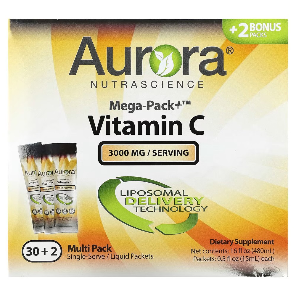 2 X Aurora Nutrascience, Mega-Pack+ Vitamin C, 3,000 mg, 32 Packs, 0.5 fl oz (15