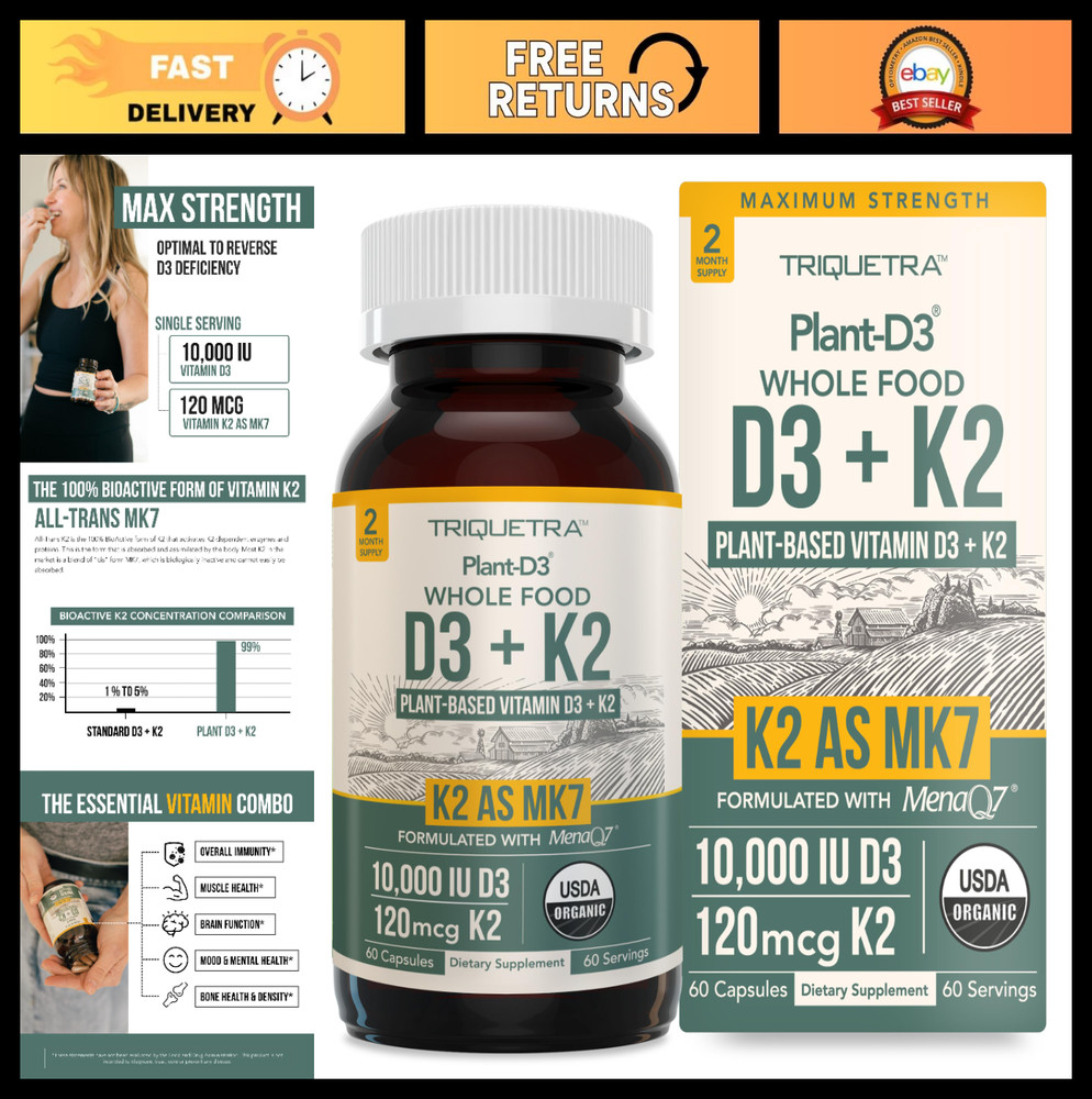 Organic D3 + K2 Supplements | 10000 IU D3 & 120 mcg K2 | Vegan Whole Food Formul