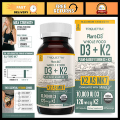 Organic D3 + K2 Supplements | 10000 IU D3 & 120 mcg K2 | Vegan Whole Food Formul