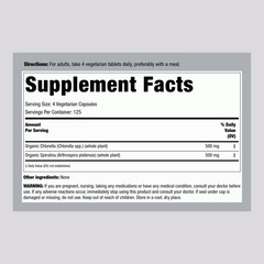 Chlorella Spirulina Organic | 500 Tablets | Vegetarian, Non-GMO | by Piping Rock