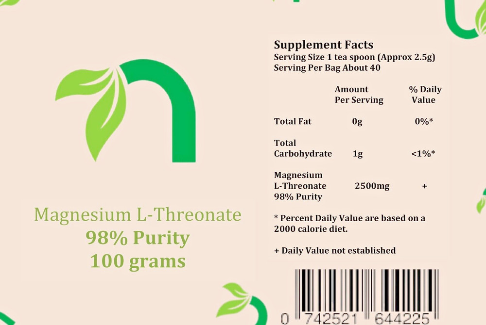 Magnesium L-Threonate Powder 98% Purity 100g Pack.