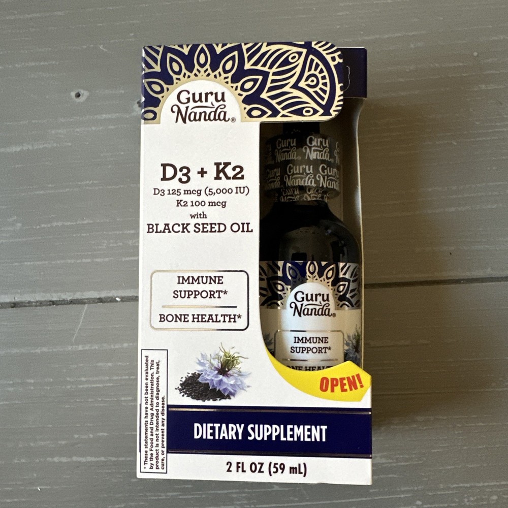GuruNanda Cold Pressed Black Seed Oil with Vitamin D3 E & K2, 2 oz Exp. 1/27