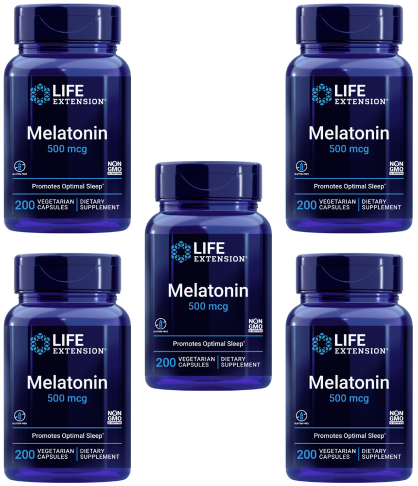 5 PACK Life Extension Melatonin 500 mcg Optimal Sleep Support 200 Veg Capsules