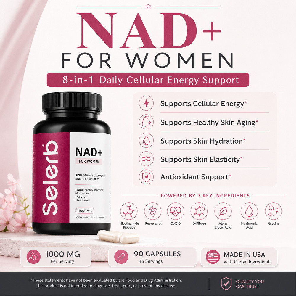 NAD+ for Women Supplement 1000mg NR CoQ10 Resveratrol 90 Capsules