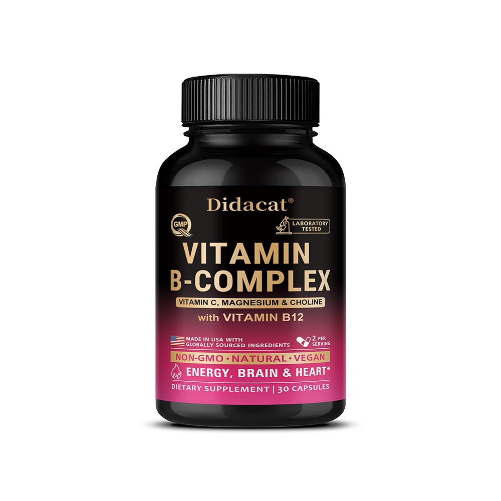 Vitamin B Complex Capsules B1 B2 B3 B5 B6 B12 Folic Acid and Biotin Energy