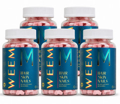 WEEM Hair Skin and Nails Gummies, Vegan biotin Vitamins, Healthy Hair (Pack 5)