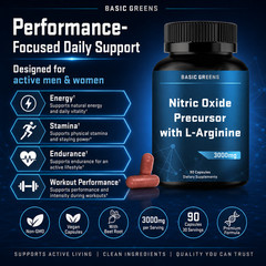BASIC GREENS L-Arginine 3000mg Nitric Oxide Supplement Beet Root Vegan 90 Caps